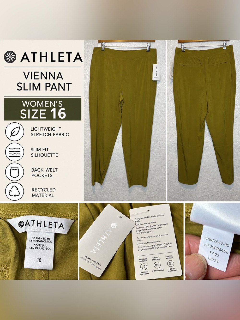 Athleta Vienna Slim Pant Women’s Size 16 Olive Green NWT Stretch Travel Pants